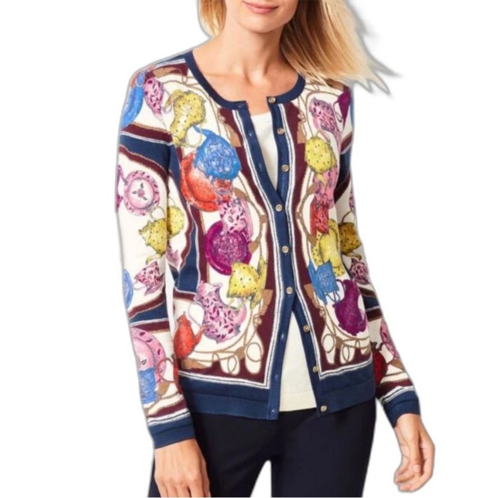 Talbots Teaparty Print Fine Gauge Cardigan Sweater Gold Tone Buttons Breathable